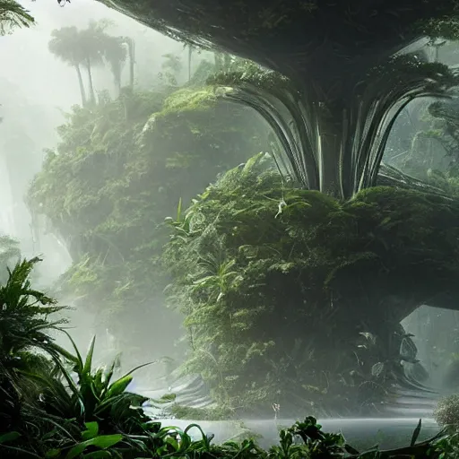 Prompt: epic, ultra detailed, hyper - real alien jungle by greg rutkowski inside the movie matrix by zaha hadid