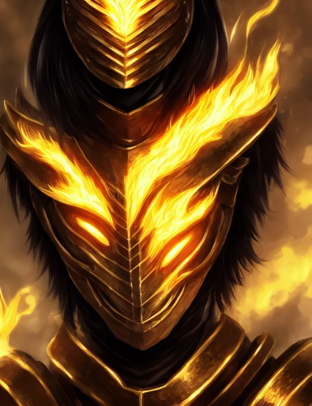 Image similar to a detailed manga portrait of a black haired man with hazel eyes in gleaming golden armour that burns with golden fire, trending on artstation, digital art, 4 k resolution, detailed, high quality, sharp focus, hq artwork, coherent, insane detail, character portrait