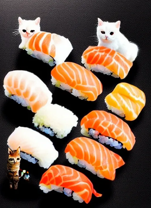 Image similar to clear photorealistic picture of adorable cats made out of sushi