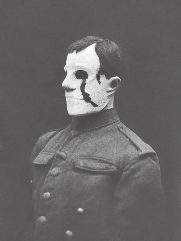 Image similar to portrait of man with rorschach mask, ww1 photo, grainy, high detail, high resolution,