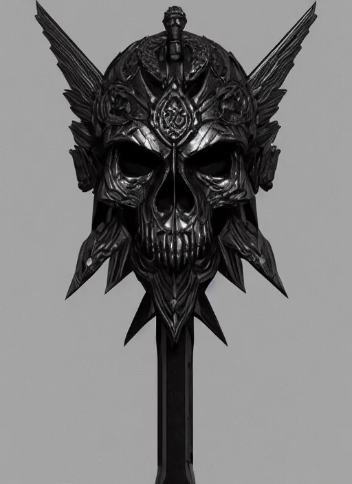 Image similar to a black great sword mini skull crest, orthographic, ornament, weapon, a 3 d render by dom qwek, front side full, trending on polycount, artstation, hard surface modeling, rendered in maya, zbrush, blender, hd, vray, berserk, symmetry