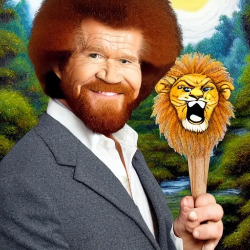 Prompt: bob ross screaming chasing after lion