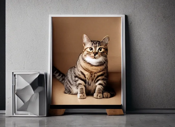 Image similar to photography of a Cat sitting on a box. in a room full of posters, photorealistic, raining award winning photo, 100mm, sharp, high res