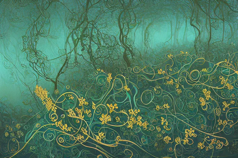 Image similar to abstract forest with flowers and vines in teal and green and grey, trending on artstation, elaborate, ornate, swirls, vines, ultra fine detail, golden ratio, smooth gradients, intricate ink designs, by sam guay and ivan aivazovsky and hiroo isono