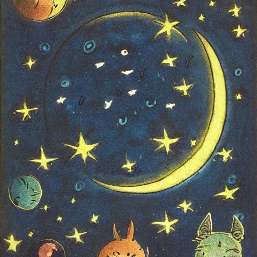 Image similar to night sky, stars, literally smiling moon with happy eyes prominently in the center, surrounded by clouds, landscape, illustrated by peggy fortnum and beatrix potter and sir john tenniel