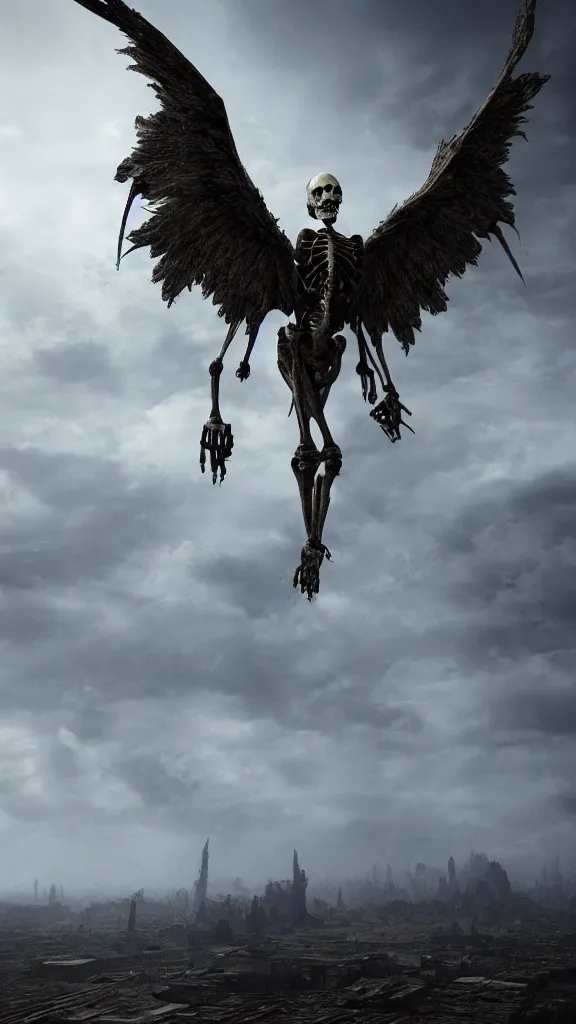 Prompt: the winged skeleton of a demonic deity hovering stiltedly over a corrupted landscape, volumetric lighting, unreal engine 5, harrowing apocalyptic atmosphere, photorealistic, unnerving, hyperdetailed 3d matte painting, hyperrealism, hyperrealistic, cinematic masterpiece, fantasy horror style 8k ultrahd octane render