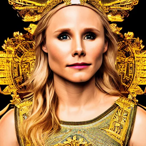 Image similar to Kristen Bell as a Greek Goddess, glowing, dramatic, Sony a7R IV, symmetric balance, polarizing filter, Photolab, Lightroom, 4K, Dolby Vision, Photography Award