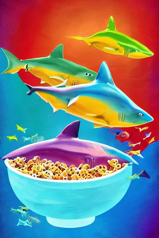 Image similar to colorful sharks swimming in a cereal bowl, digital art, artstation trending, digital painting