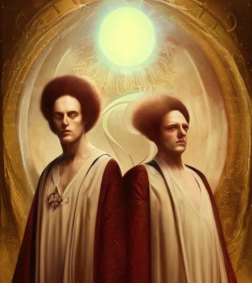 Image similar to A Magical Portrait of Aleister Crowley and the Great Mage of Thelema, art by Tom Bagshaw and Keith Parkinson and Daniel Dos Santos