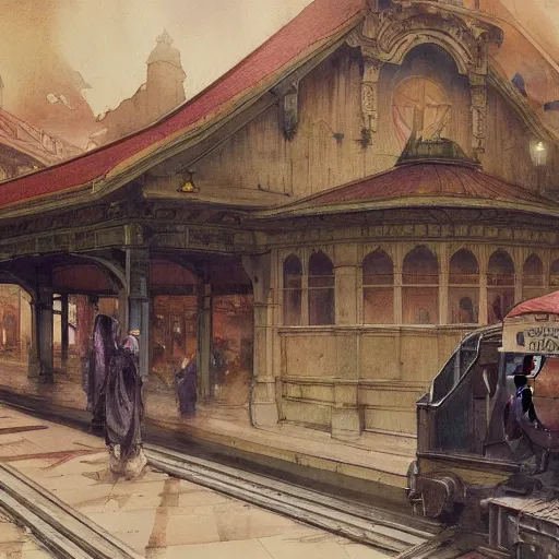 Image similar to a beautifull intricate watercolour painting of a train station, reflexions, verry high details by william turner art, greg rutkowski and alphonse mucha, trending on artstation, very very detailed, masterpiece, muted colors