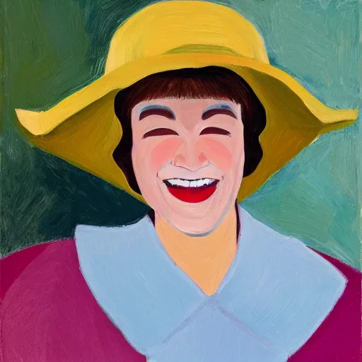 Prompt: woman with hat, by Alex Katz, colorful, smiling, oil on canvas