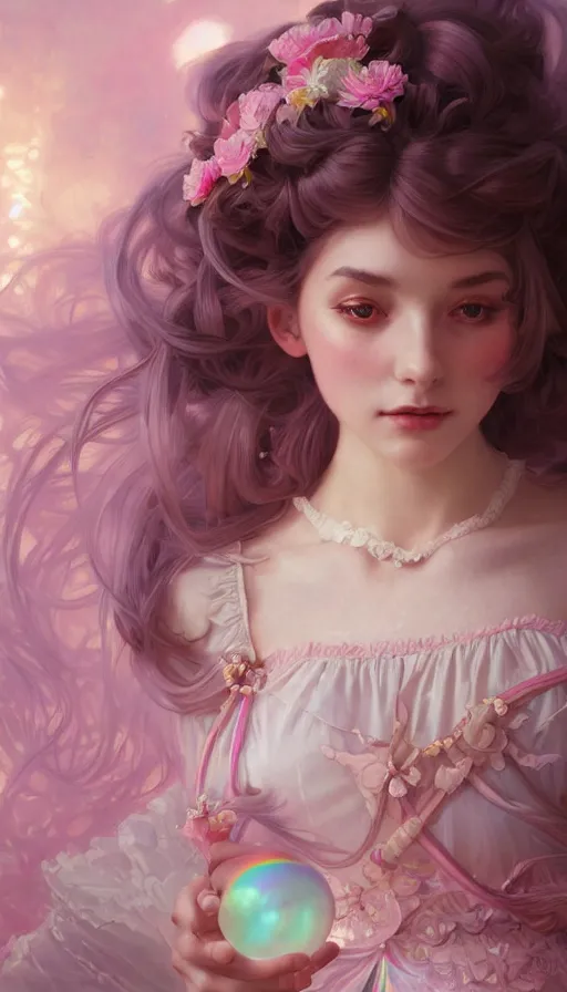 Prompt: portrait of magical lolita girl, dreamy and ethereal, pastel pink eyes, peaceful expression, ornate frilly dress, fantasy, intricate, elegant, rainbow bubbles, highly detailed, digital painting, artstation, concept art, smooth, sharp focus, illustration, art by artgerm and greg rutkowski and alphonse mucha