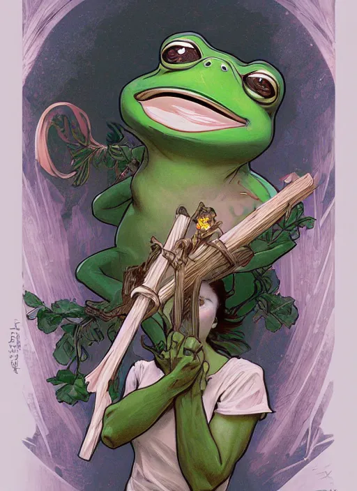 Prompt: digital character concept art by artgerm and greg rutkowski and alphonse mucha. portrait of pepe the frog, like a young god, beautiful, holding a staff, detailed, poster art, light effect, glowing, hyper detail, intricate, elegant, digital painting, artstation, smooth, sharp focus