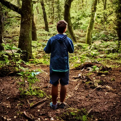 Image similar to Portrait of a young man looking for mushrooms. Deep shadows and highlights. f/2.0 ISO 800. Shutter speed 1/120 sec. Lightroom.