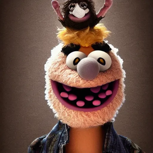 Image similar to a still of a forgotten muppet character looking very manly and modern, hilarious, laughing, hairy chest, huge chin, manly monster tough guy, roughled fur, photo real, photographic, photograph, artstation, trending, featured