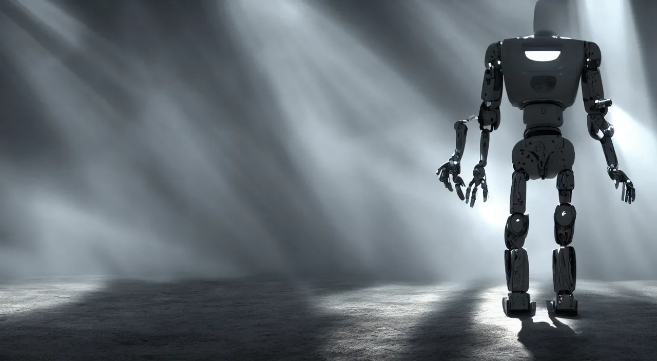 Prompt: a robot in a movie, cinematic shot, sun beams