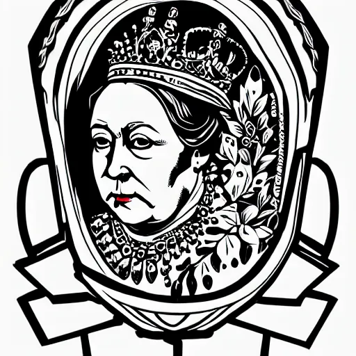 Image similar to queen victoria with a detailed line work skull over her face in screen print graphic style