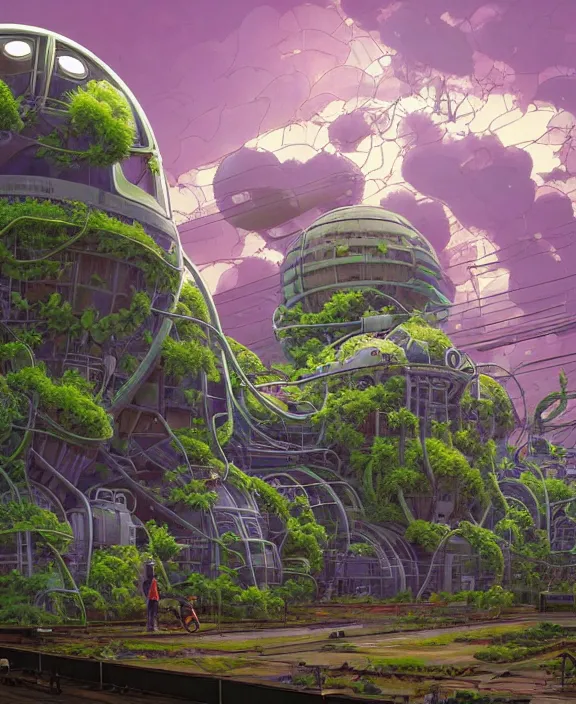 Image similar to simplicity, inflated industrial plant made from isopod wasp octopus, in the style of spaceship, overgrown with orchids, partly cloudy, somber, dramatic lighting, by geof darrow, bill sienkiewicz, dan mumford, yusuke murata, makoto shinkai, ross tran, cinematic, unreal engine, cel shaded, featured on artstation, pixiv