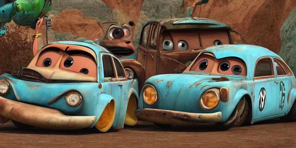 Prompt: mater from pixar cars is a volkswagen jetta