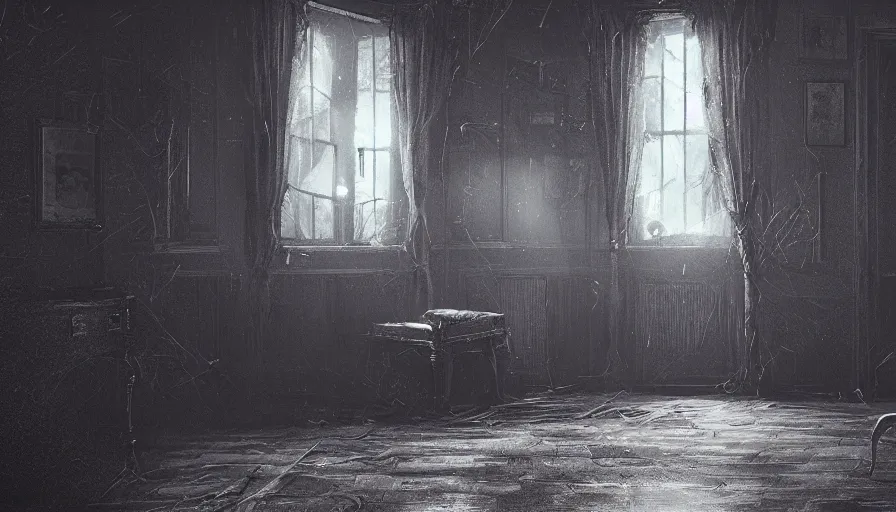 Prompt: Interior of an old Victorian house with cobwebs, spiders and dust, dark cold place, hyperdetailed, artstation, cgsociety, 8k