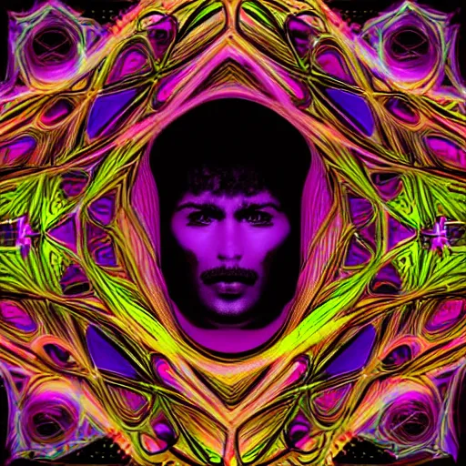 Prompt: a cibernetic artwork of a futuristic sound design superstar, centered image, with frames made of detailed fractals