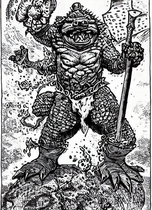 Image similar to bowser/king koopa as a D&D monster, full body, pen-and-ink illustration, etching, by Russ Nicholson, DAvid A Trampier, larry elmore, 1981, HQ scan, intricate details, Monster Manula, Fiend Folio