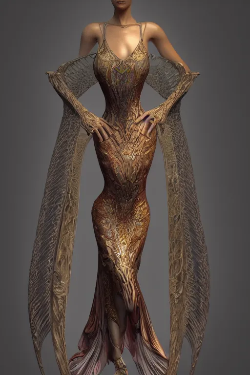 Prompt: a realistic picture of a beautiful ancient alien woman goddess bella hadid standing in iris van herpen dress jewelery and fractals in style of alphonse mucha art nuvo dmt trending on artstation made in unreal engine 4