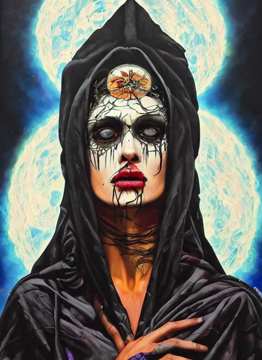 Prompt: acid tripping cult magic psychic woman, subjective consciousness psychedelic, epic surrealism expressionism symbolism story iconic, dark robed witch, oil painting, robe, symmetrical face, greek dark myth, by Sandra Chevrier, Gerald Brom masterpiece