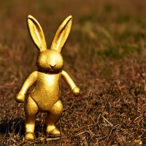 Image similar to a bunny in golden armor, zeiss lens, 5 0 mm, dynamic pose, action pose