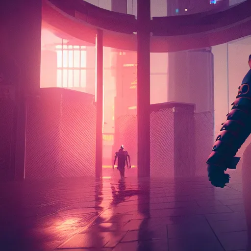 Image similar to cyberpunk samurai in a dytopian future, ultra realistic, fog, raytracing, reflections, rain, octane render