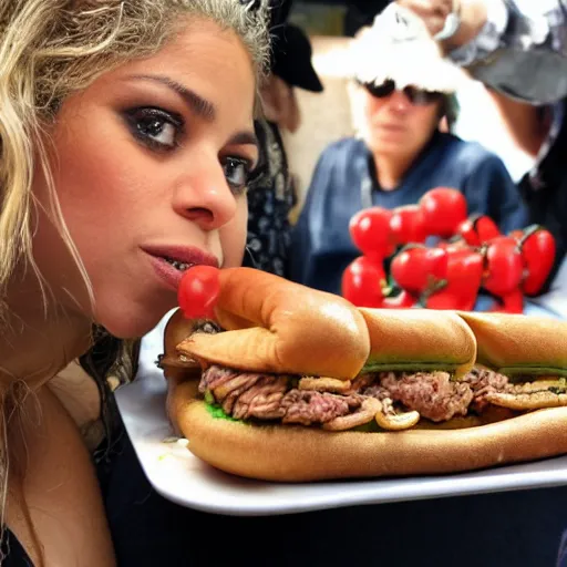 Prompt: shakira eating choripan