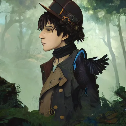 Image similar to concept art painting of a person with a head of a crow, with steampunk clothes, in the deep forest, realistic, detailed, cel shaded, in the style of makoto shinkai and greg rutkowski and james gurney