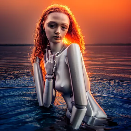 Prompt: beautiful centered Fine art photo of young woman humanoid robot, half body in water, solarpunk mechanical parts with led lights, real human face, photorealistic, white background, highly detailed and intricate, sunset lighting, HDR 8k