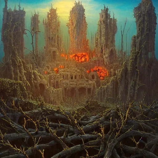 Image similar to an incredibly beautiful but ominous matte painting depicting horrifying huge burning eyes and jagged bloody teeth and thorns, overgrowing a desolate ruins submerged in fog beneath the setting sun by lisa frank and beksinski and wayne barlowe, exquisite detail, post processing, masterpiece, cinematic, sharp focus, deep colors