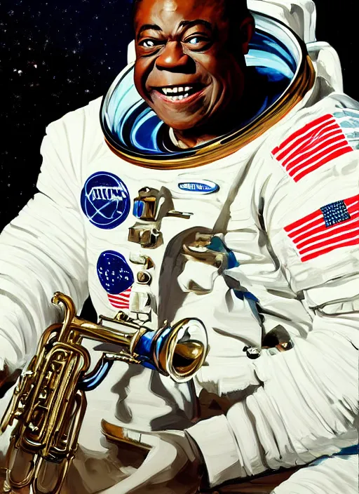 Prompt: a portrait of louis armstrong wearing a space suit on the moon, ( trumpet ), by greg manchess and john singer sargent and jonathan yeo, dramatic lighting, highly detailed digital painting