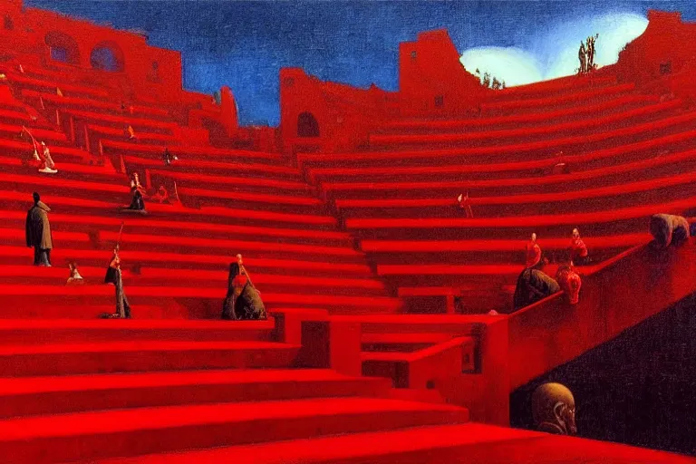 Image similar to only with red, a red great emperor, taormina amphitheatre, crowd with big smile, in the style of beksinski, parts by edward hopper, parts by rodcenko, parts by yue minjun, intricate and epic composition, red by caravaggio, insanely quality, highly detailed, masterpiece, red light, artstation, 4 k