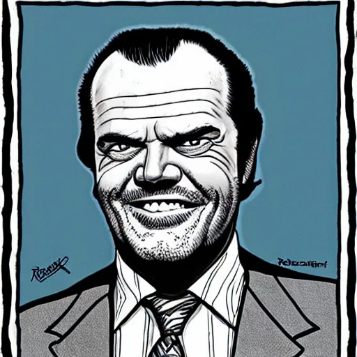 Image similar to a portrait of Jack Nicholson drawn by Robert Crumb