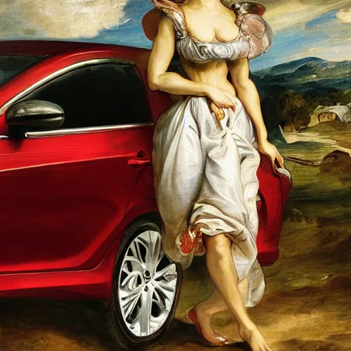 Image similar to heavenly summer sharp land sphere scallop well dressed lady standing next to a toyota corolla, auslese, by peter paul rubens and eugene delacroix and karol bak, hyperrealism, digital illustration, fauvist, standing next to a toyota corolla