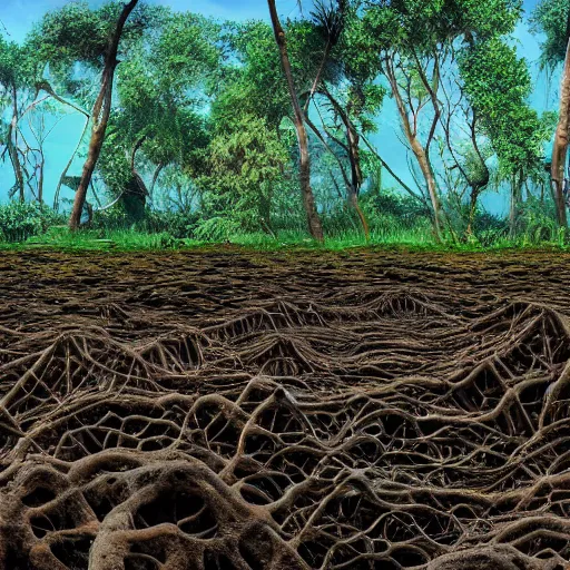 Prompt: Mangrove swamp tangled mangrove roots on a muddy shore, ground texture. Matte painting, simple cartoon style