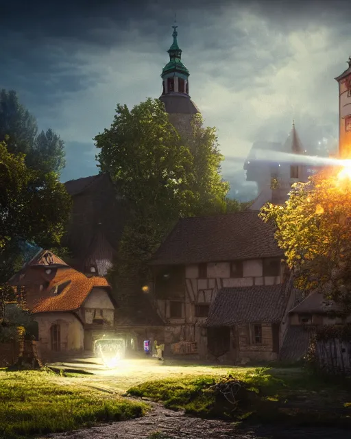 Image similar to ufo landing in polish medieval village, ultra realistic, lens flare, atmosphere, glow, detailed, intricate, full of colour, cinematic lighting, trending on artstation, 4 k, hyperrealistic, focused, extreme details, cinematic, masterpiece