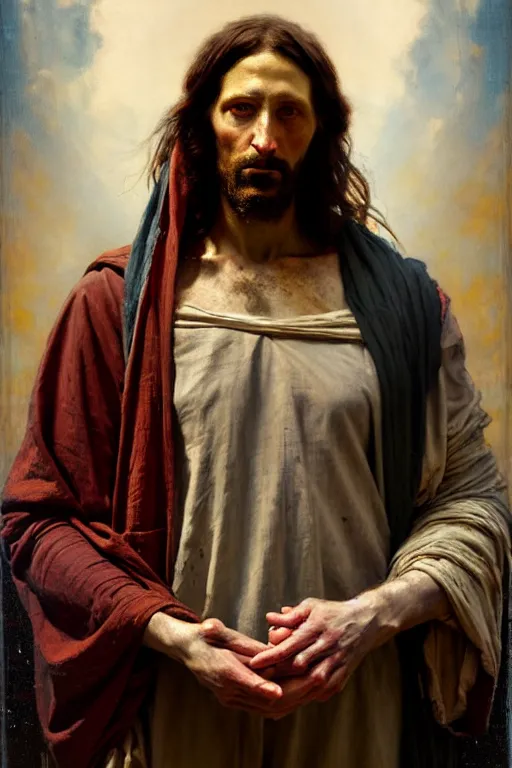 Image similar to photograph imax and solomon joseph solomon and richard schmid and jeremy lipking victorian loose genre loose painting full length portrait painting of jesus