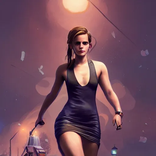 Prompt: highly detailed painting of emma watson wearing a skintight dress, gta 5 cover art, stephen bliss, 8 k, by greg rutkowski, artgerm, loish, rhads, global illumination, radiant light, detailed and intricate environment