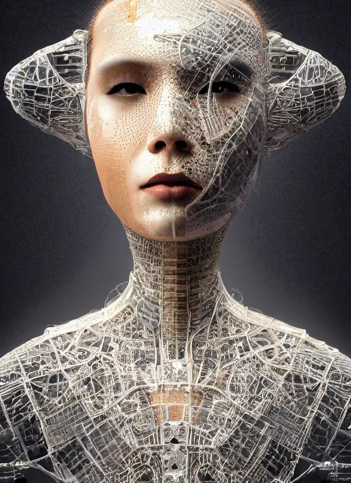 Image similar to portrait of a futuristic geisha cyborg, made from million point clouds, in the style of ghost in the shell, kintsugi, modern fine art, fractal, intricate, elegant, highly detailed, digital photography, subsurface scattering, by jheronimus bosch and klimmt and greg rutkowski,