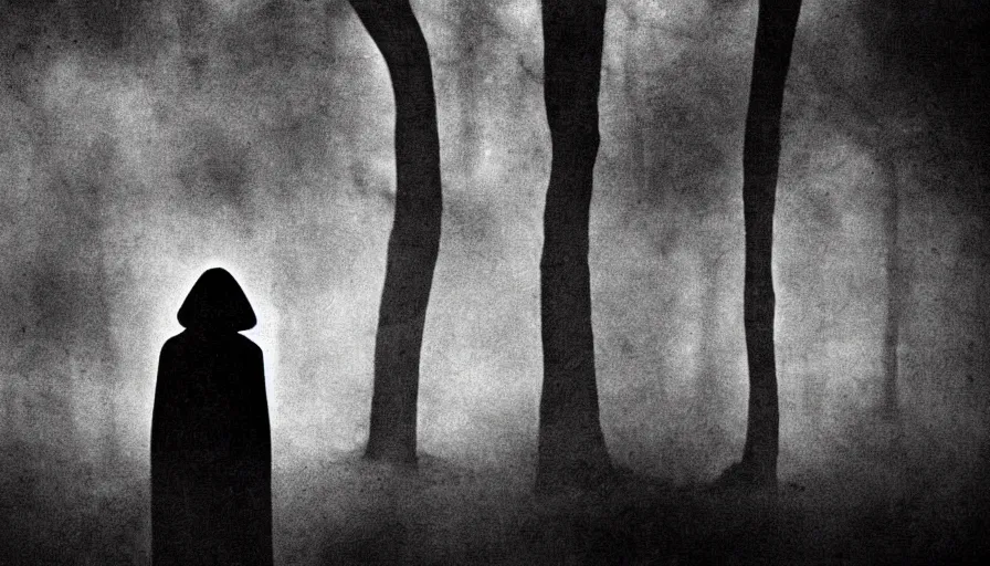 Image similar to dark abstract noisy blurry black and white disturbing old photograph full of mysterious black silhouettes, tim burton