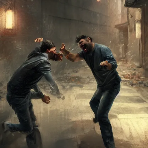 Image similar to original masterpiece artwork of 2 men choking each other during a fight in an alleyway by greg rutkowski and drew strewzan, horror, crime, hyperrealistic, octane render, exciting pose, dynamic lighting