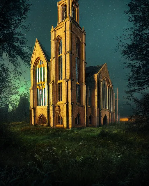 Image similar to a beautiful hyperdetailed highly detailed abandoned urbex industrial architecture building church nature architecture unfinished building city by beeple, at night otherworldly meadow, archdaily, wallpaper, highly detailed, trending on artstation.