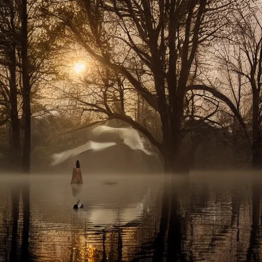 Image similar to a ghostly woman in a white dress rising soaking wet from a misty lake with outstretched arms, high resolution photograph, late autumn, sunset, eerie light