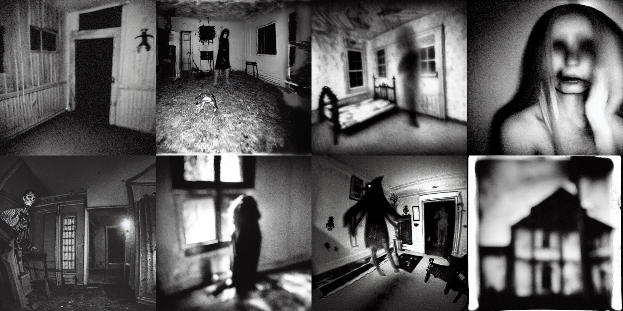 Prompt: bad quality blurry nightfootage nightcam black and white trailcam footage of native weird distorted vampire at night in an old house, low resolution, compressed