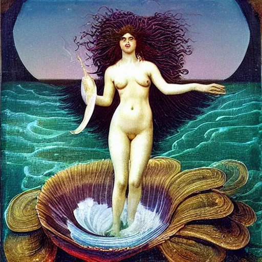 Image similar to The collage depicts the moment when the goddess Venus is born from the sea. She is shown standing on a giant clam shell, with her long, flowing hair blowing in the wind. The collage is full of light and color, and Venus looks like she is about to step into a beautiful, bright future. dada, cosmic horror by Caspar David Friedrich, by Alice Rahon magnificent