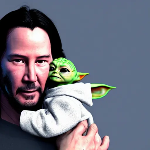 Image similar to keanu reeves holding baby yoda in his arms, matrix, detailed, hyper realistic, 4 k octan render, unreal 5